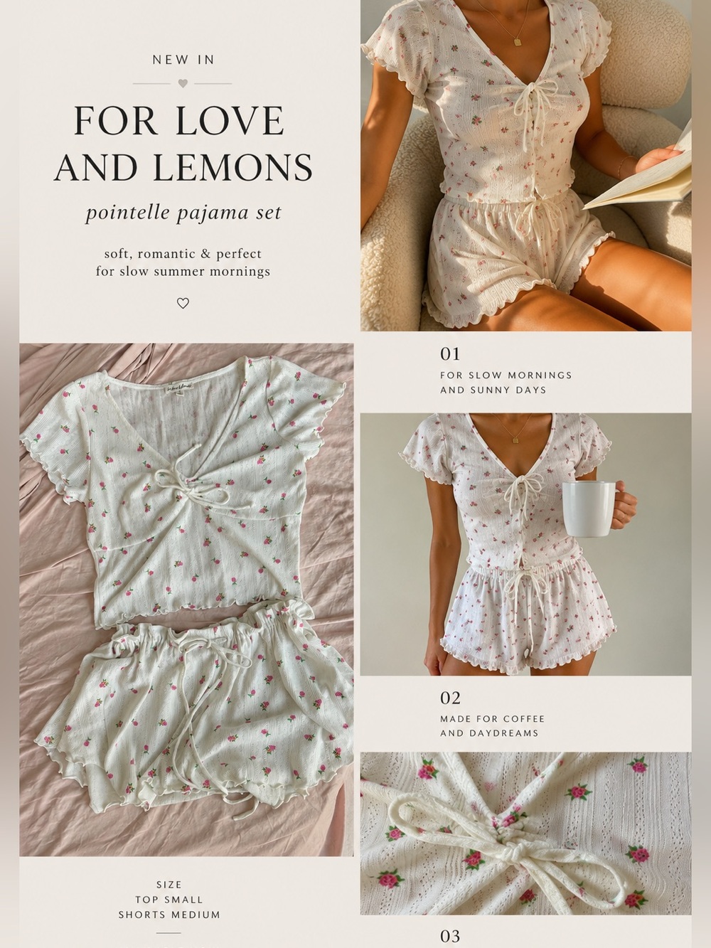 For Love & Lemons Pointelle Floral Pajama Set Top S Shorts M
